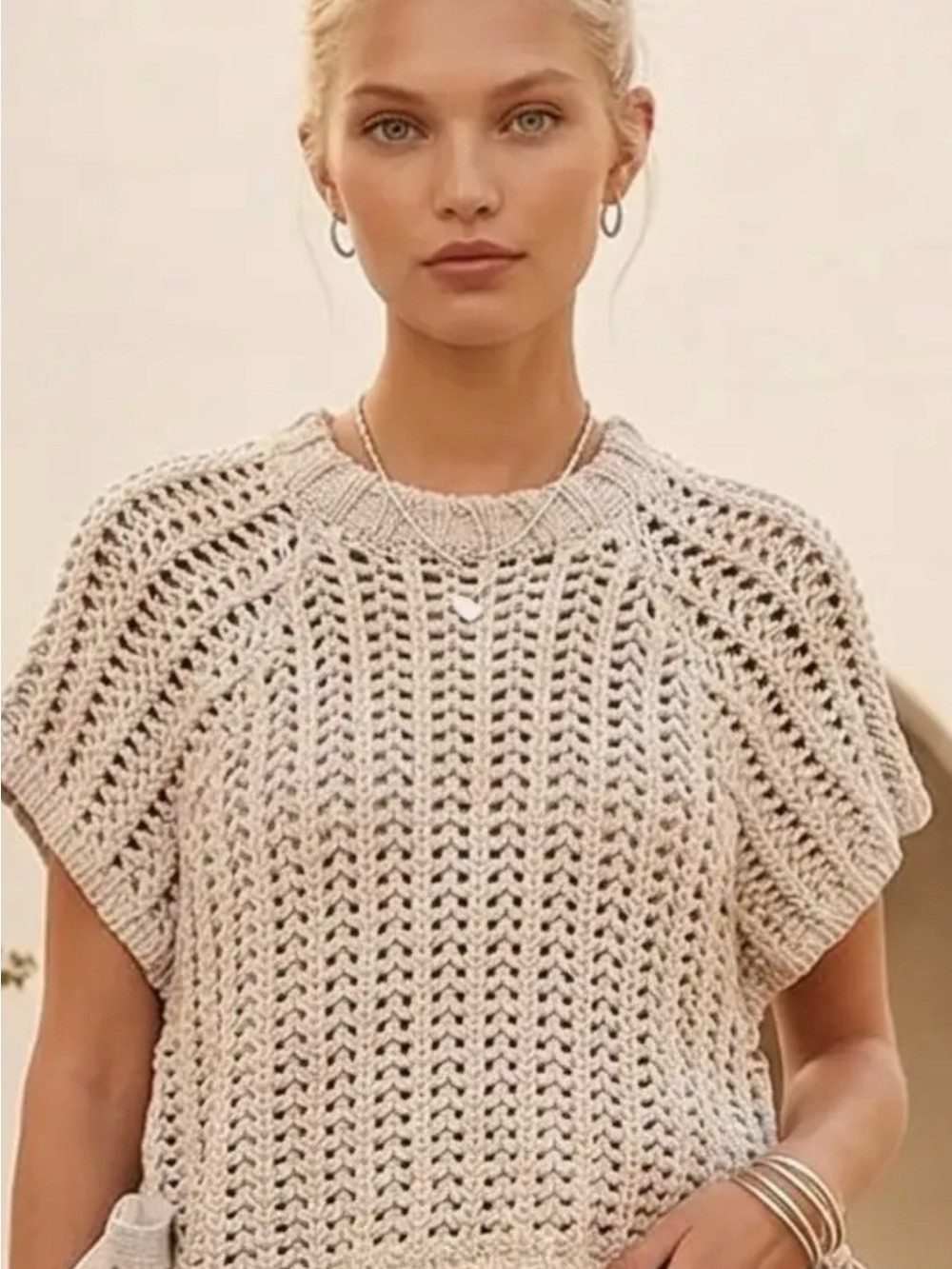 Chunky knit crochet sweater top with side ties. Silver/Grey